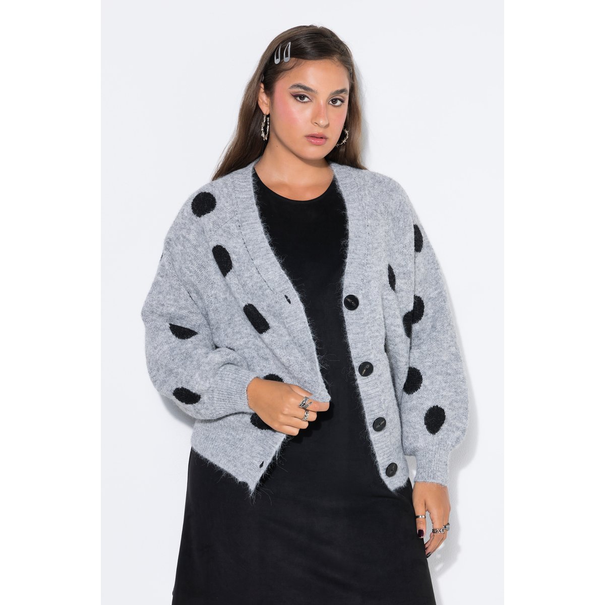 Cardigan, coupe oversize, à pois gris clair chiné, STUDIO UNTOLD