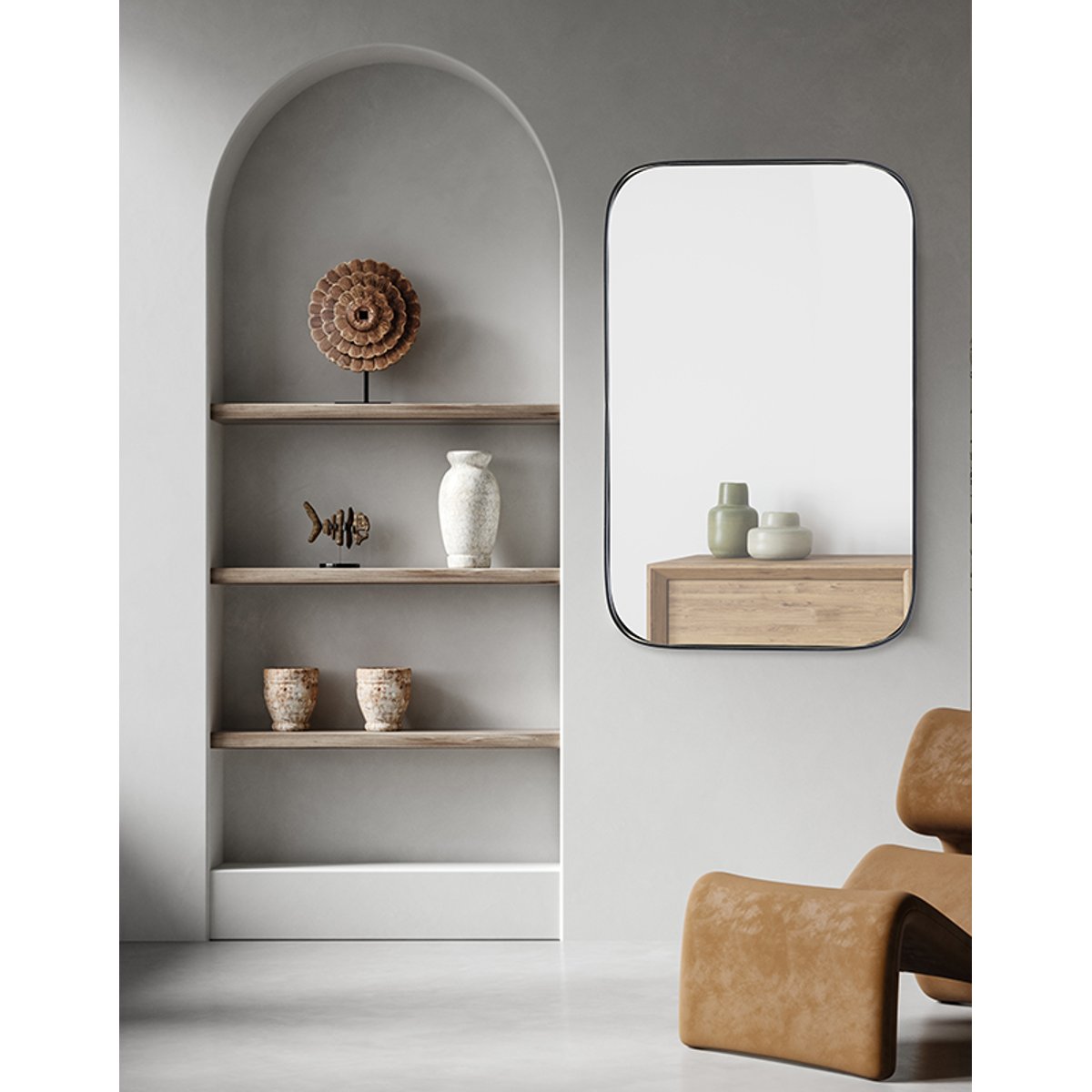 Miroir rectangulaire aux bords arrondis 100x70cm noir, EMDE