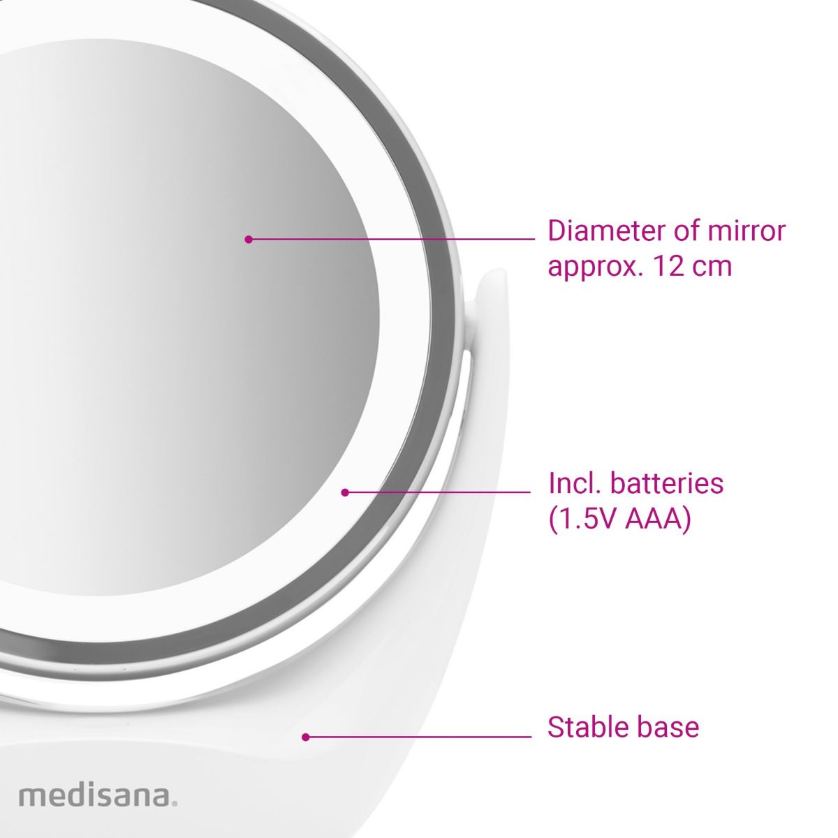 Miroir lumineux grossissant à piles couleur unique, MEDISANA