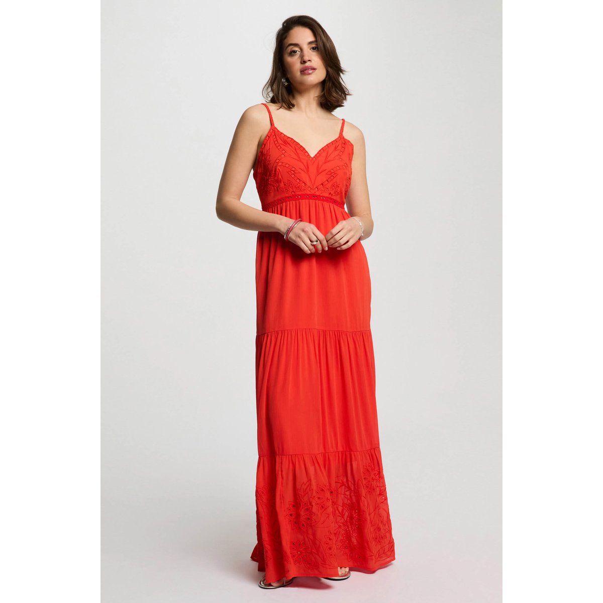 Robe longue fluide broderie orange, MORGAN