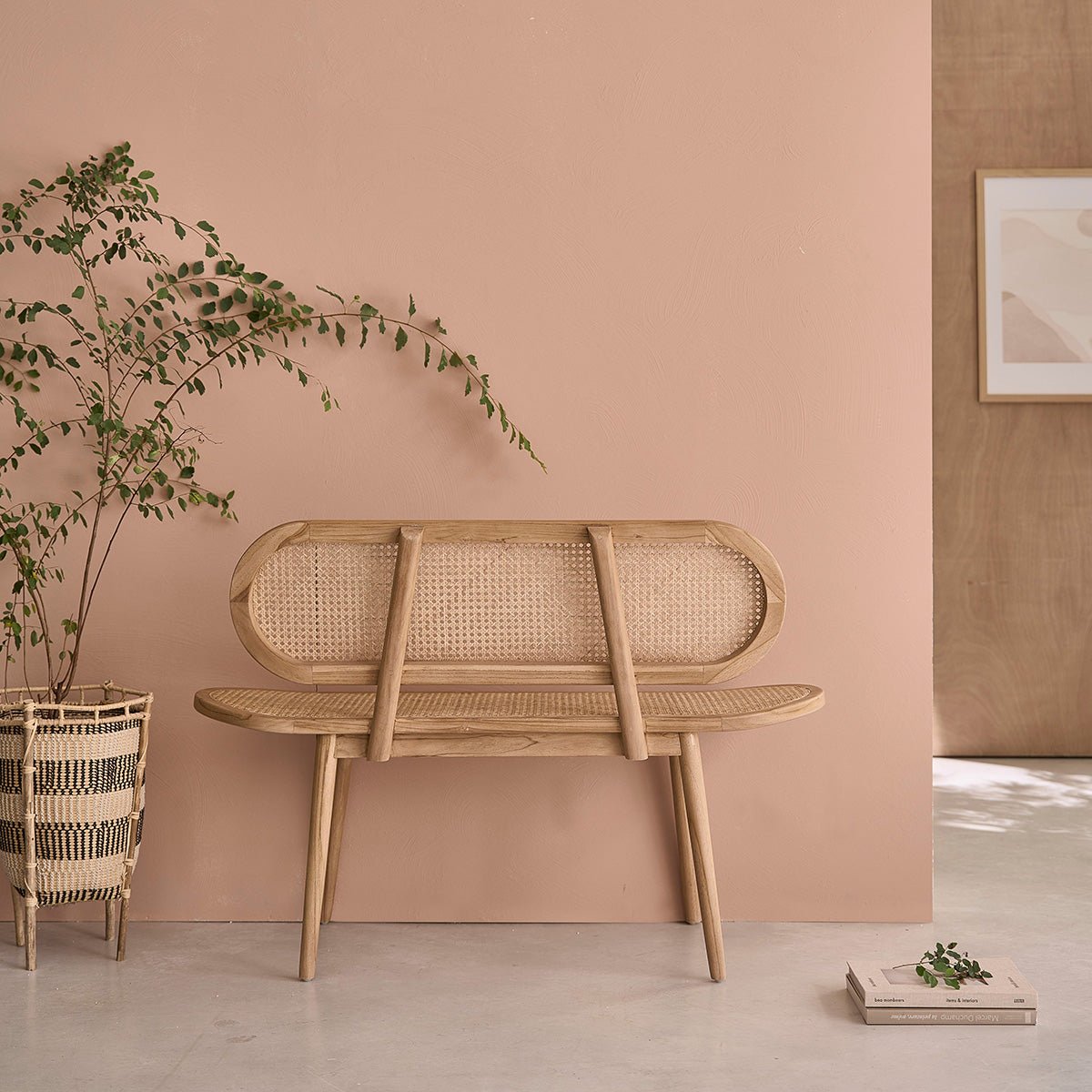 Banc en teck massif et cannage 120 cm LOÉ naturel, BERAH GETAH