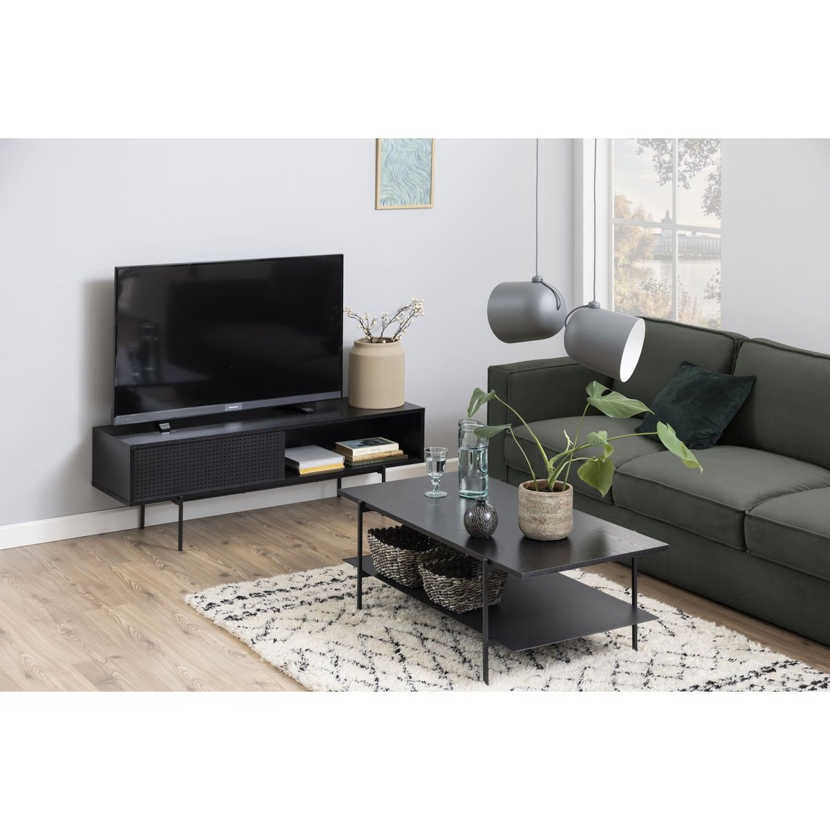 Meuble TV 1 porte coulissante et 2 niches de rangement ARIA noir, TOILINUX