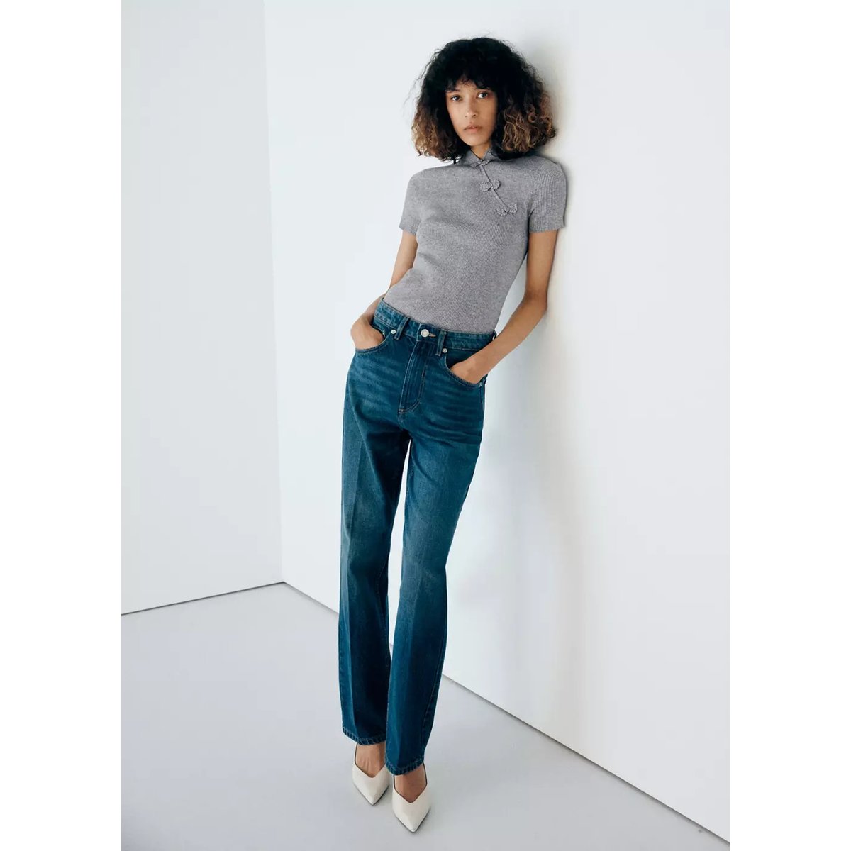 Pull-over maille côtelée brandebourgs gris chiné moyen, MANGO