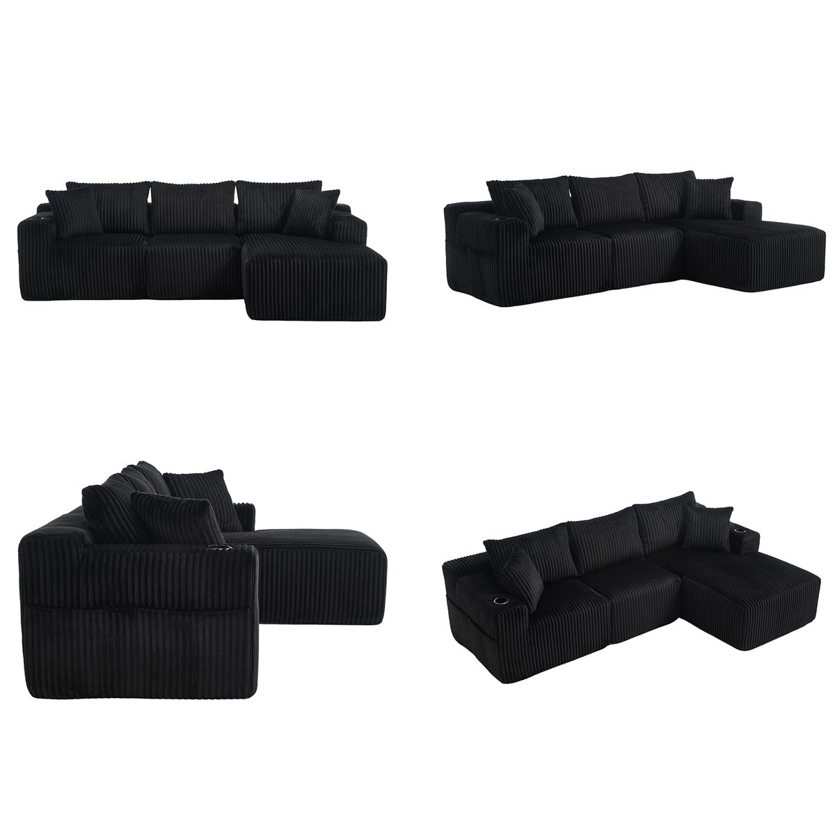 Canapé d’angle 3 places design moderne en velours côtelé avec méridienne, poches latérales et porte-gobelets, SCANDB noir, MEUBLES COSY