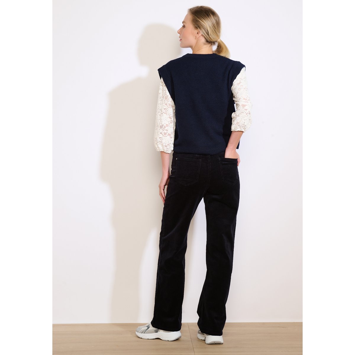 Pantalon droit en velours côtelé bleu marine, LOLALIZA