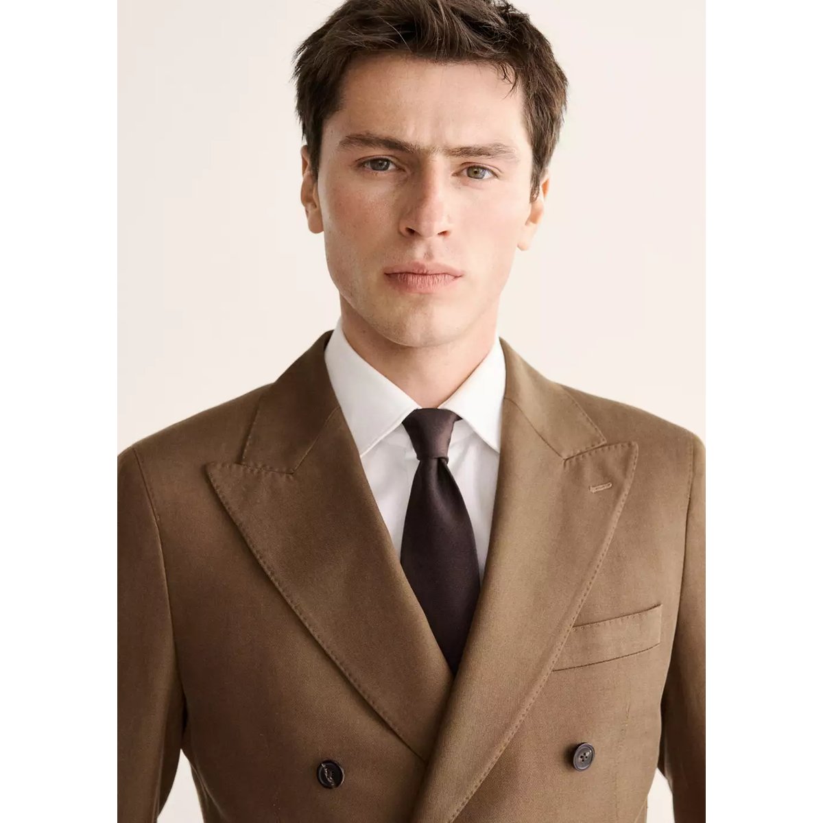 Veste de costume croisée en lyocell et coton tabac, MANGO MAN