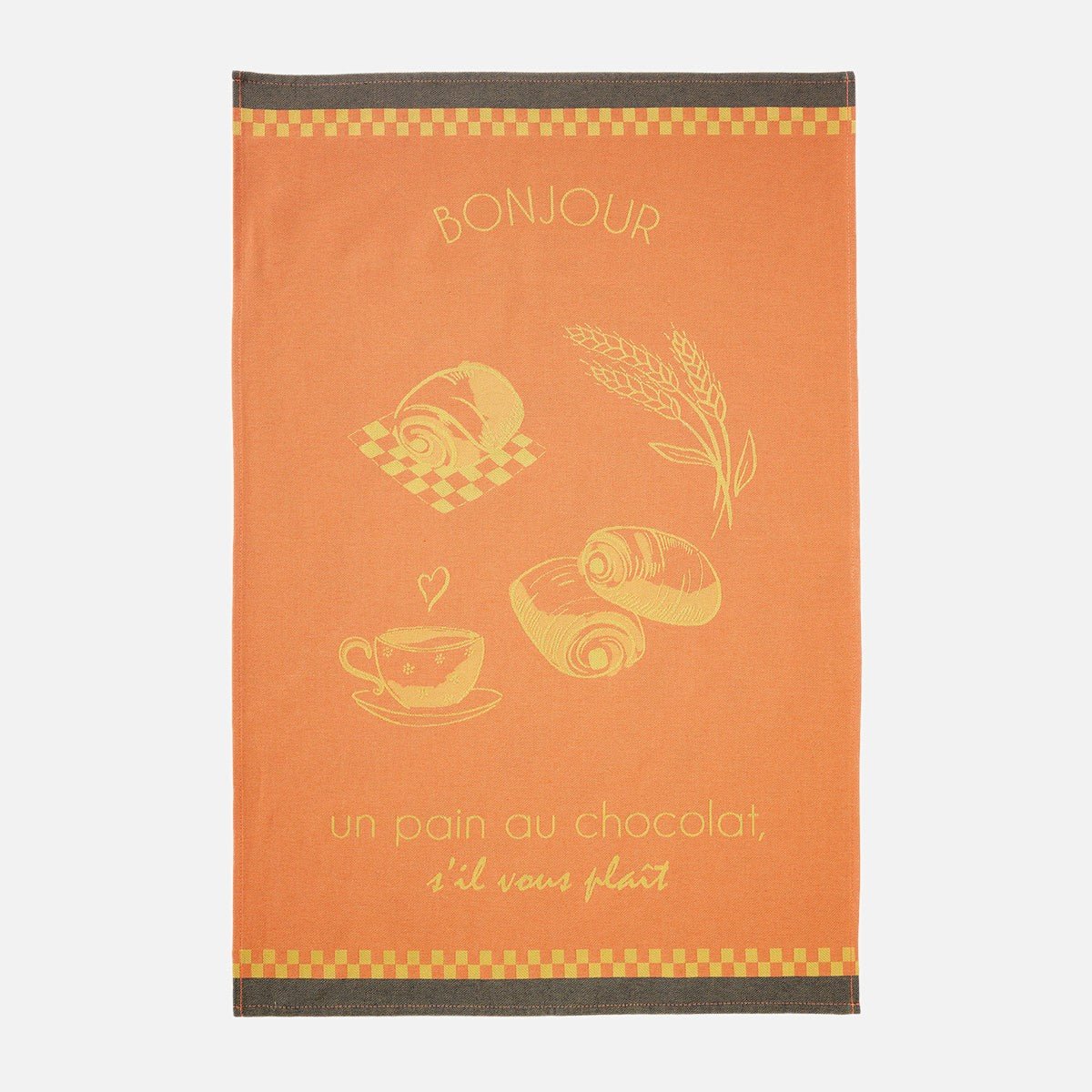 Torchon jacquard en coton LE PAIN AU CHOCOLAT orange, COUCKE