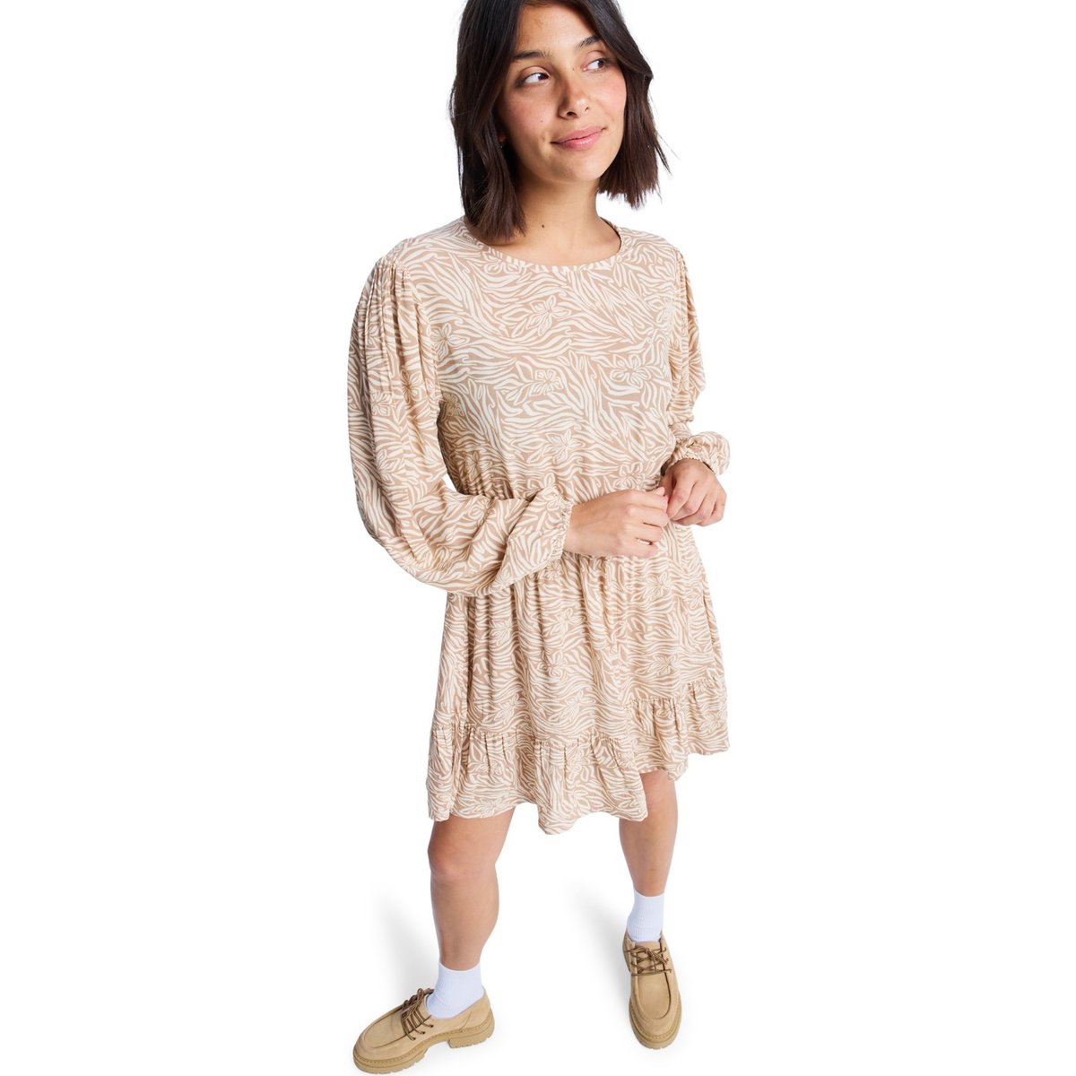 Mini robe imprimée à col rond et à manches longues PARADISE BREEZE. beige parchment animal floral, ROXY