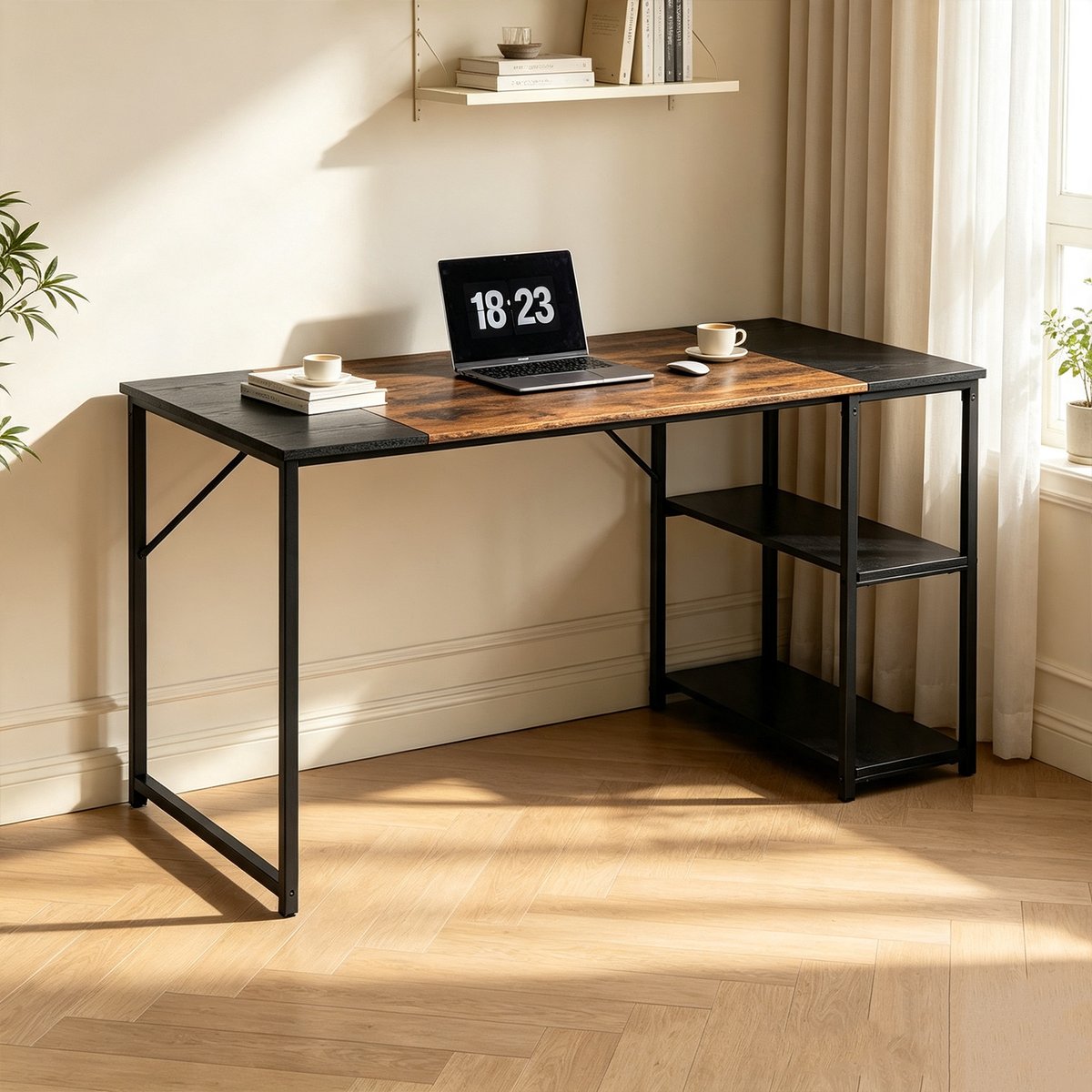 Bureau 140cm avec 2 étagères réversibles style industriel, DEMBE noir, MEUBLES COSY