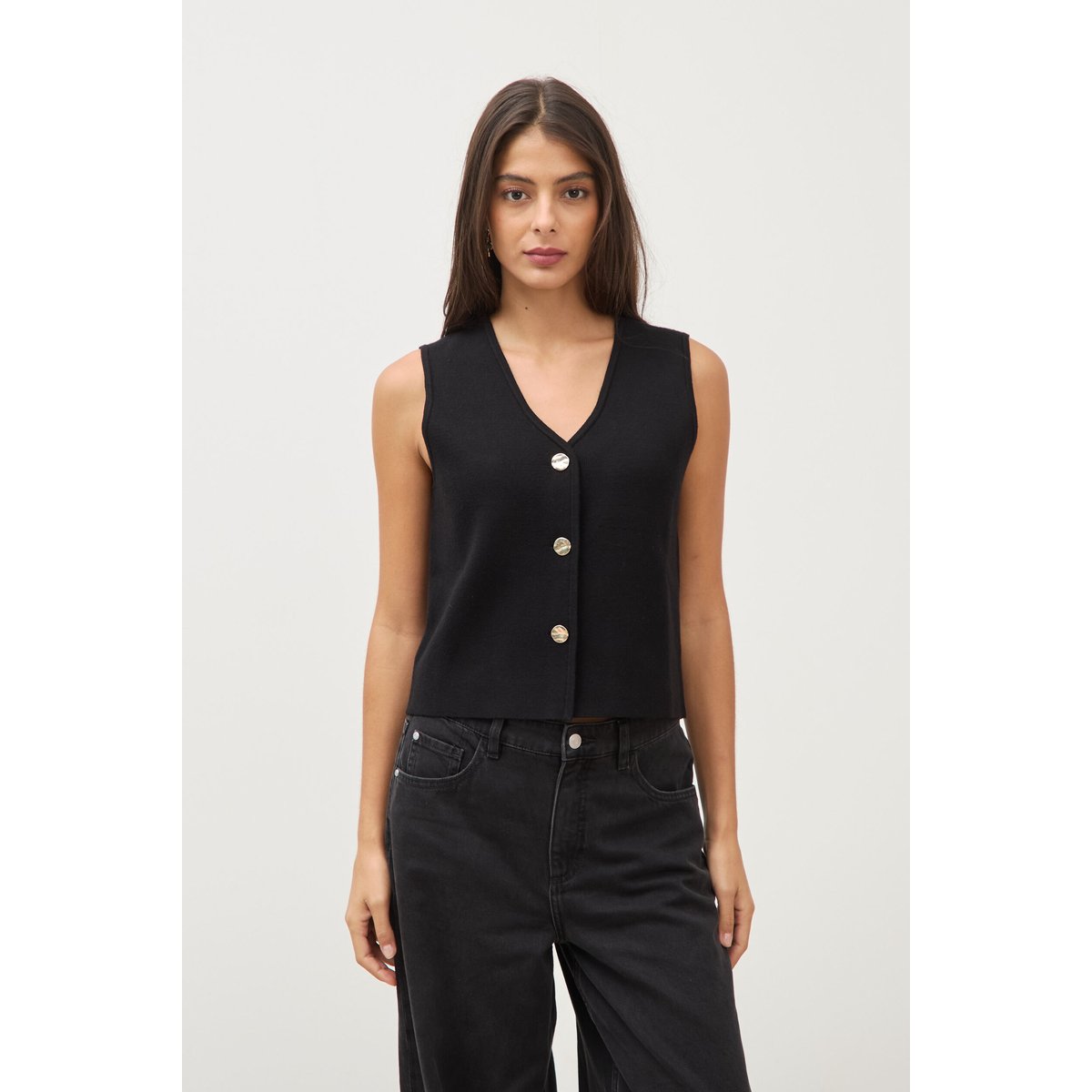 Gilet droit court sans manches col v noir, BONOBO