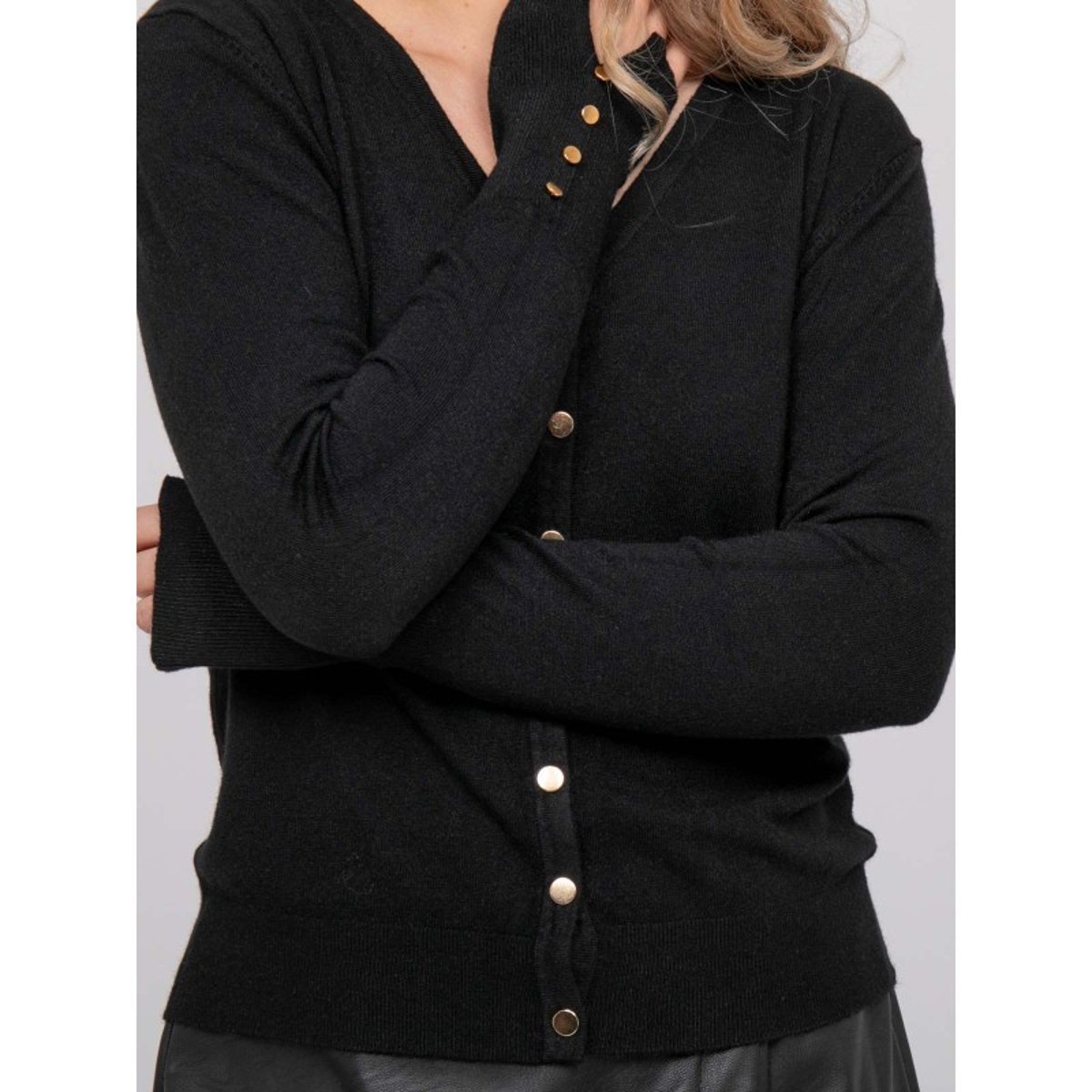 Gilet Maille Fine Boutons Dorés Kimiel noir, DONA LISA