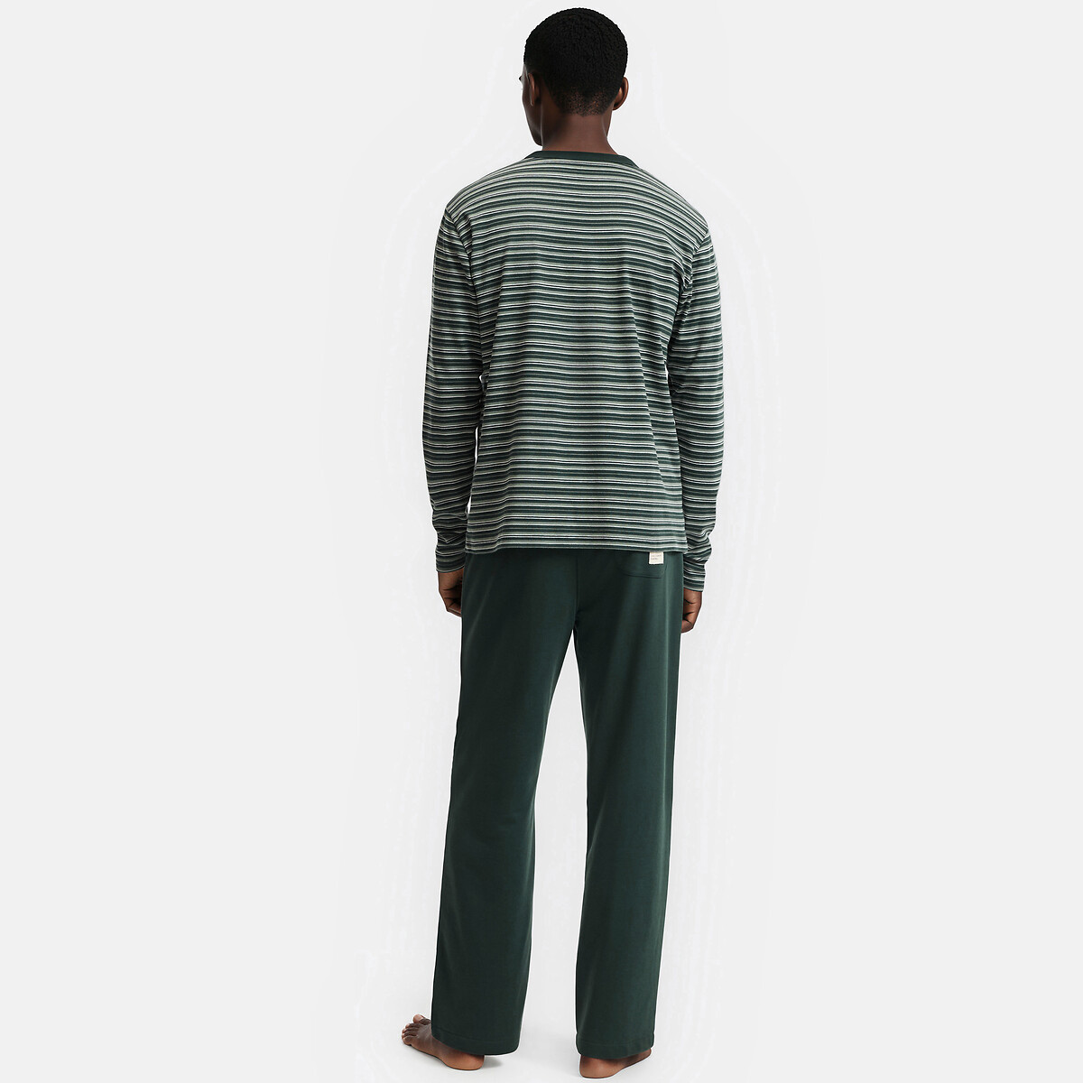 Pigiama a due pezzi, maglietta a maniche lunghe in jersey e pantaloni in felpa verde rigato, LA REDOUTE COLLECTIONS