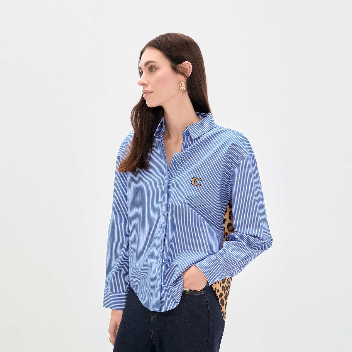 Chemise rayée à dos imprimé léopard bleu, LOLA CASADEMUNT