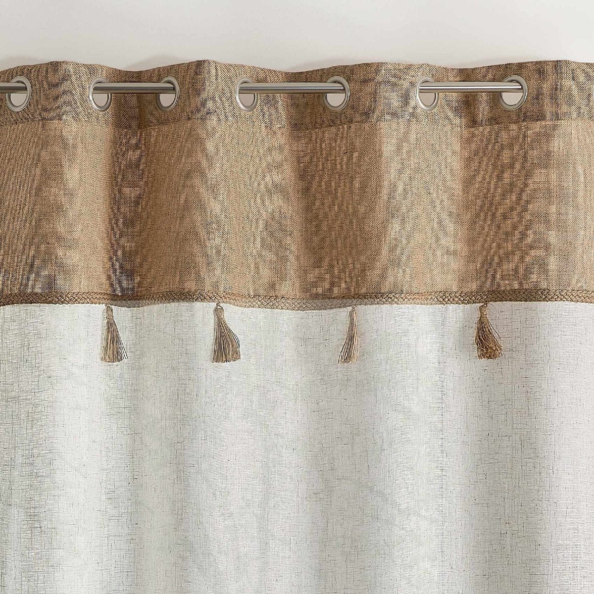 Voilage avec parement en jute et pompons - QABANE beige, HOME MAISON