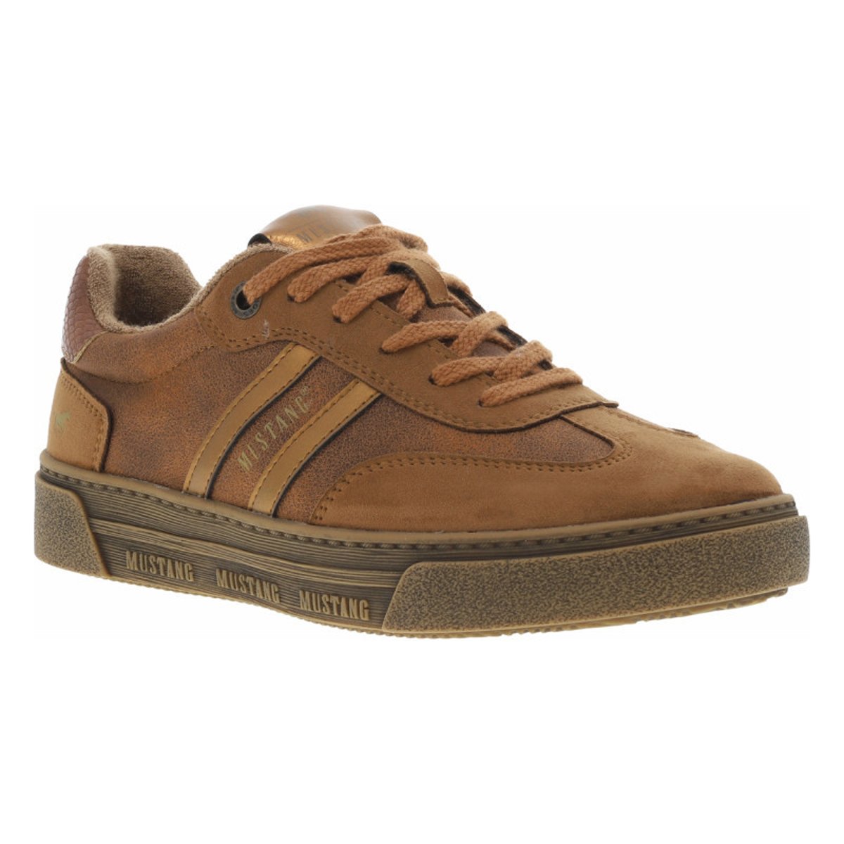 Tennis olive à talon plat avec des lacets et nom de la marque en doré brique, MUSTANG