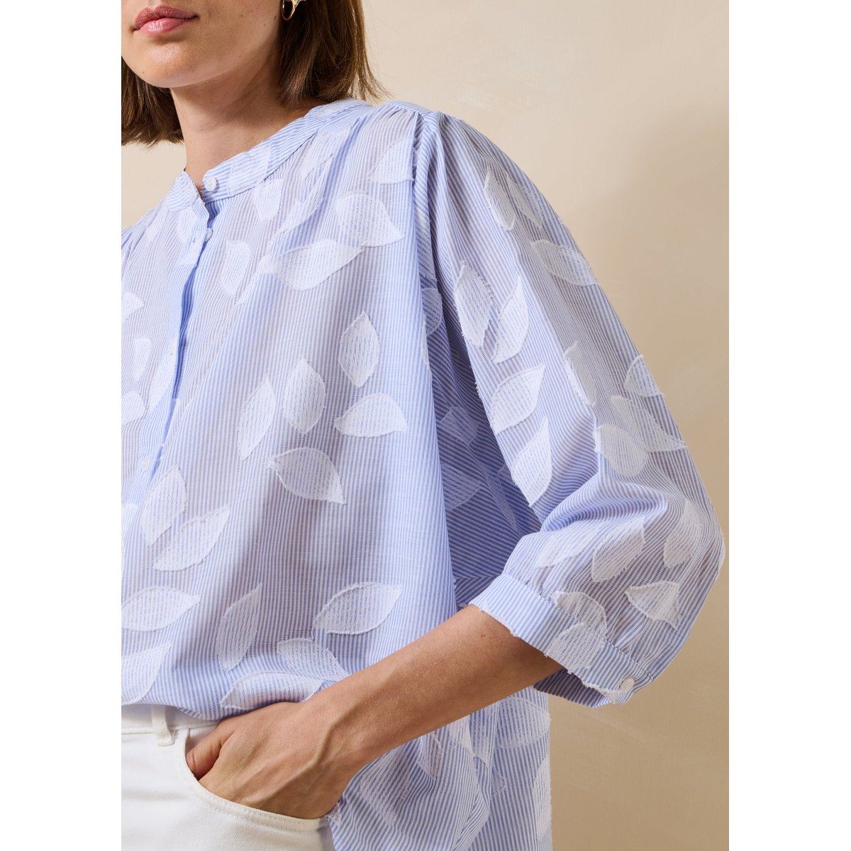 Chemisier en coton fleuri manches 3/4 bleu ciel, LA FEE MARABOUTEE