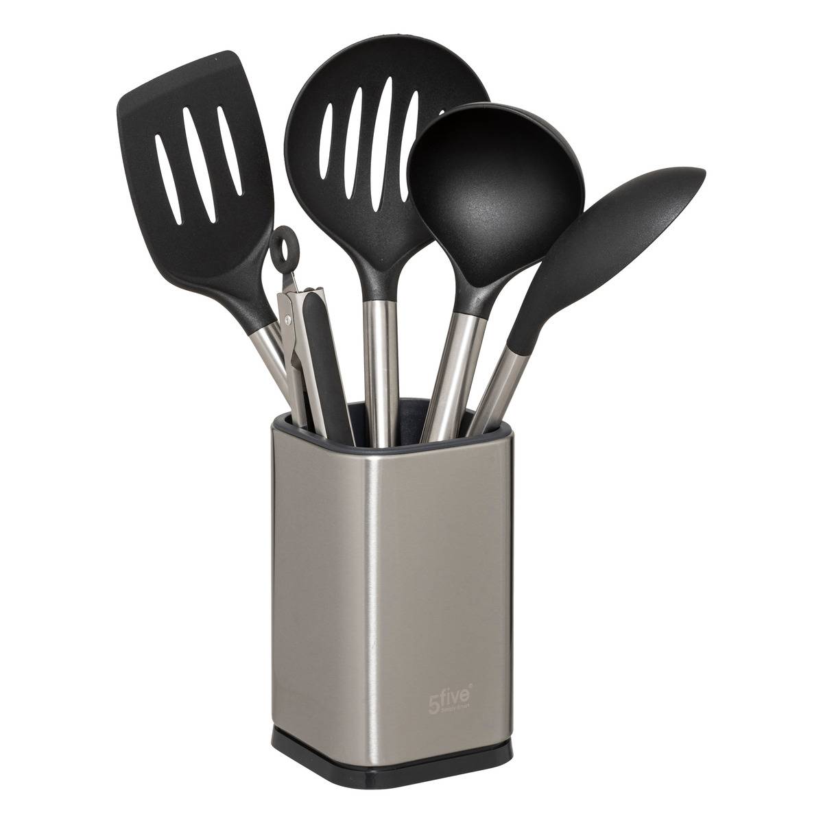 Lot de 5 ustensiles et 1 pot de rangement ESSENTIELS argent, 5FIVE SIMPLY SMART