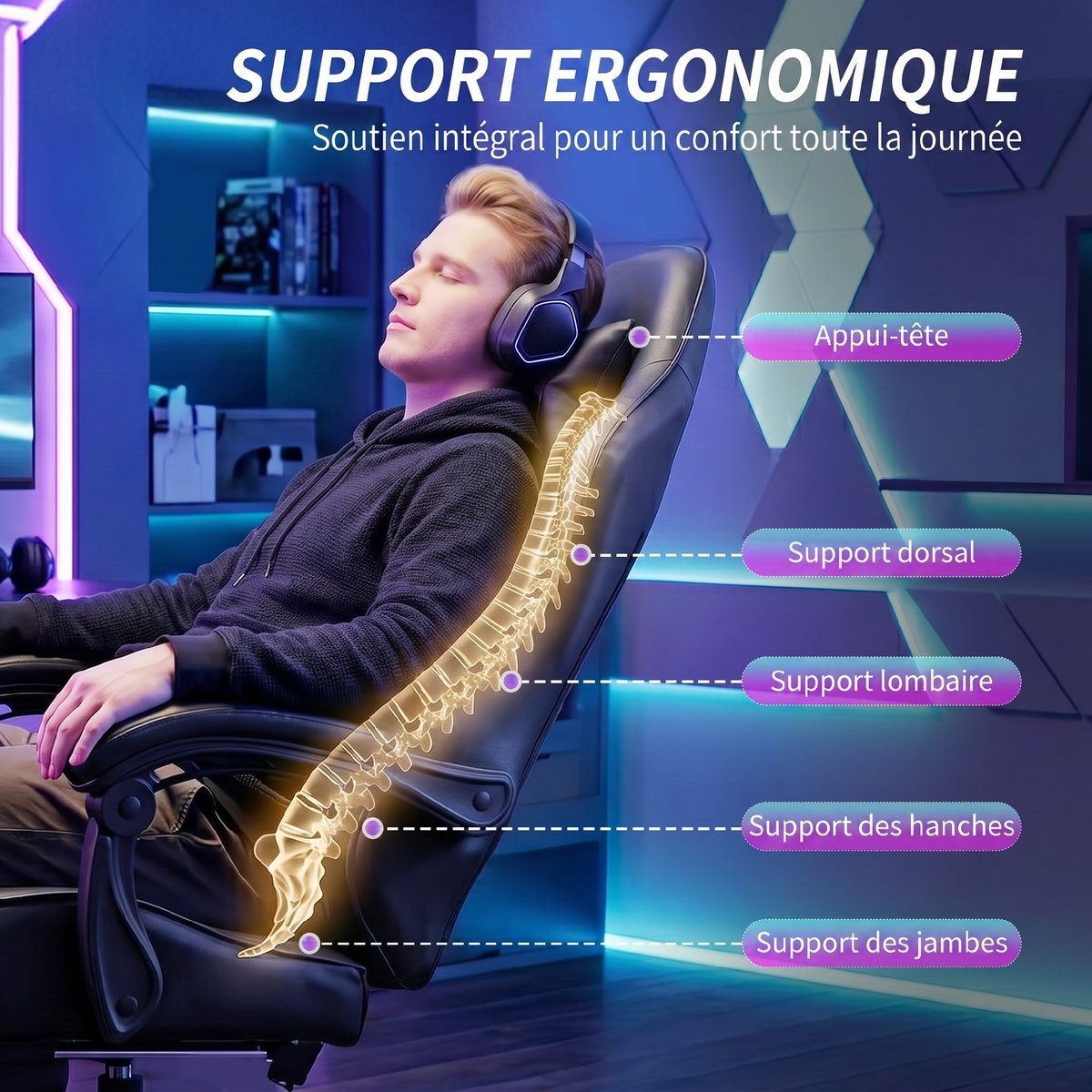 Fauteuil gaming Revêtement synthétique et noir, HOMCOM