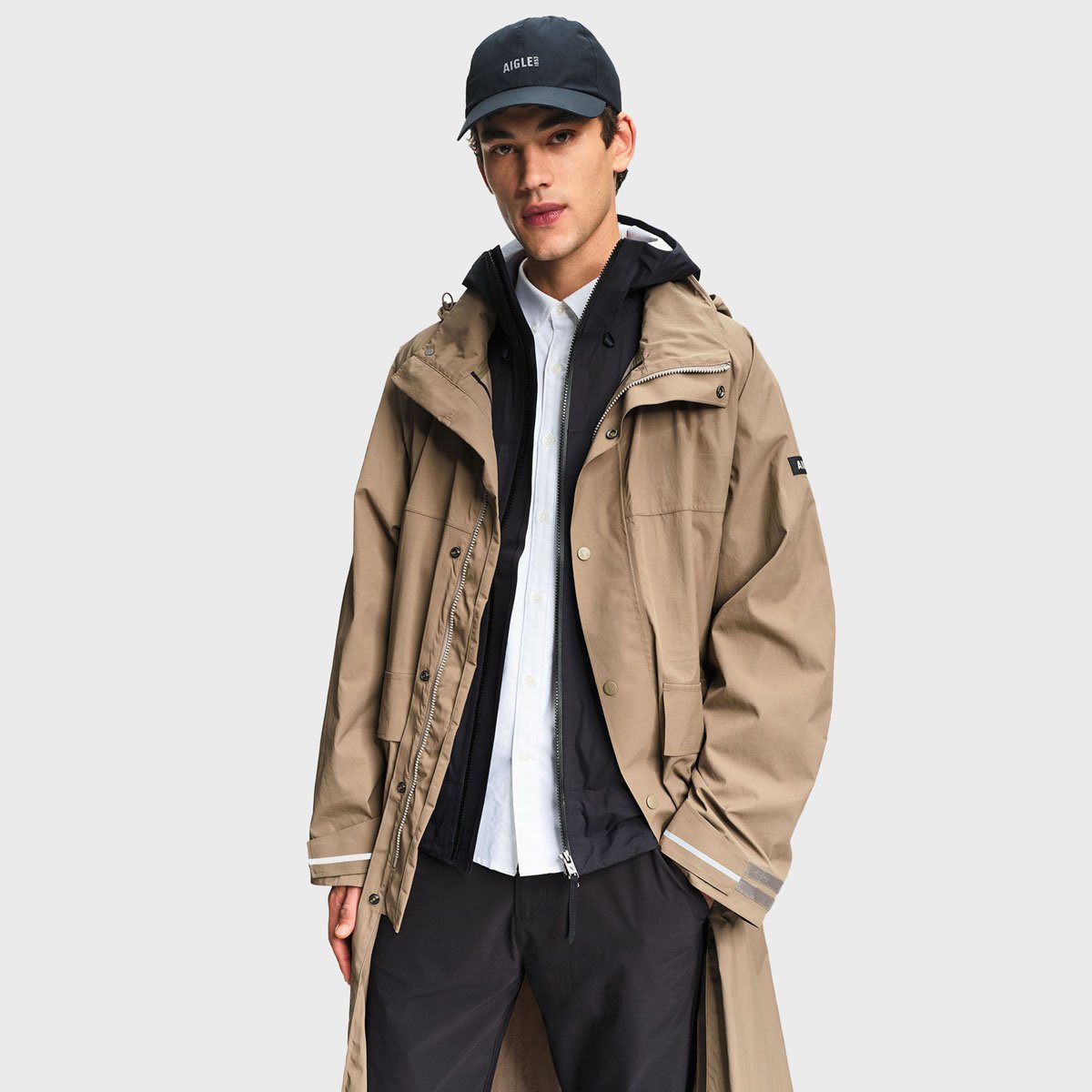 Veste imperméable cycliste cyclisme mi-long à capuche taupe, AIGLE