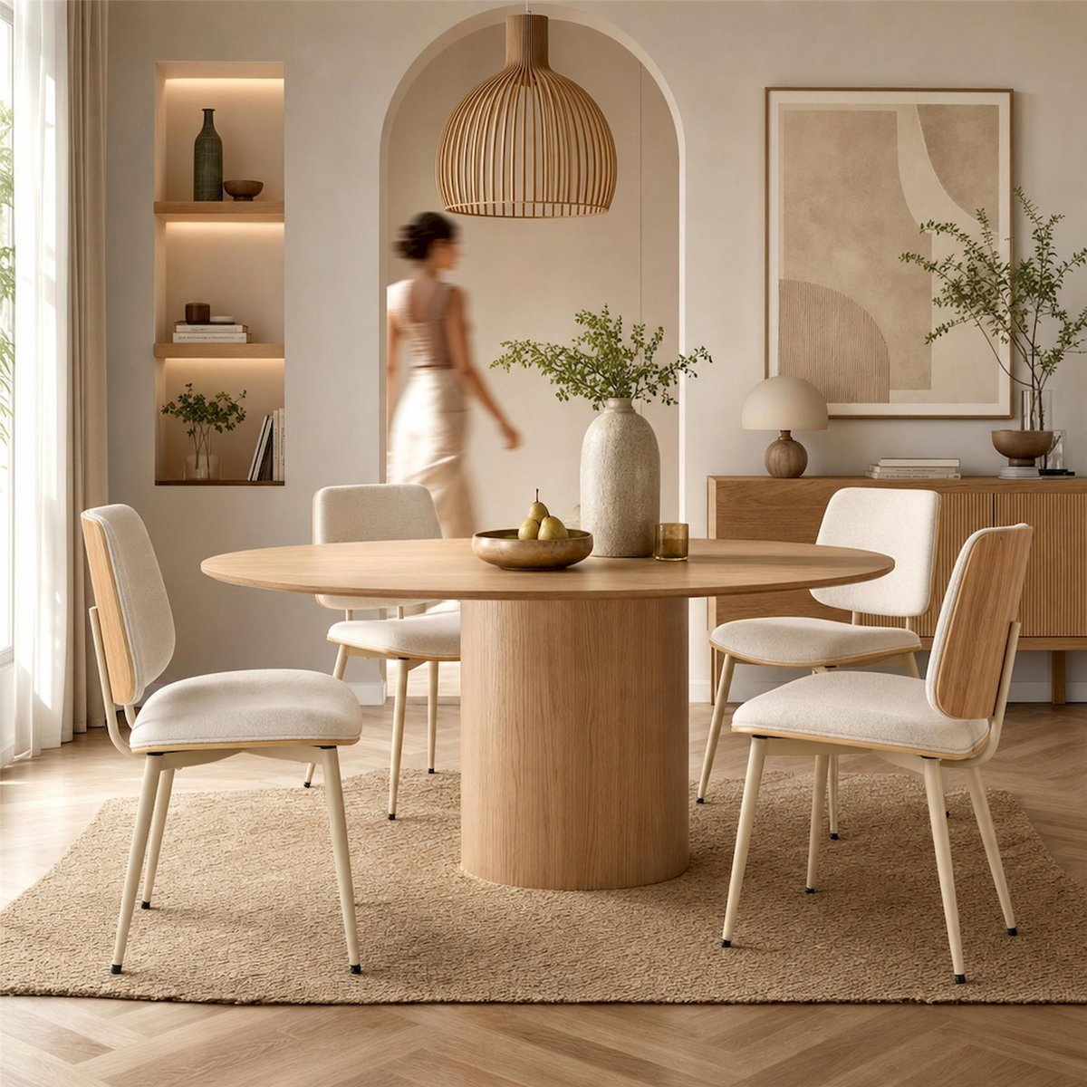 Chaise CLIMSOR tissu et métal beige clair et chêne naturel, RECOLLECTION