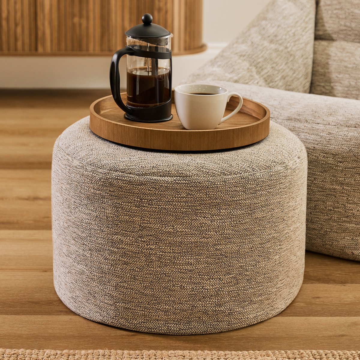 Pouf repose-pieds rond en tissu tissé Oeko-Tex® - MILANO naturel beige, ICON