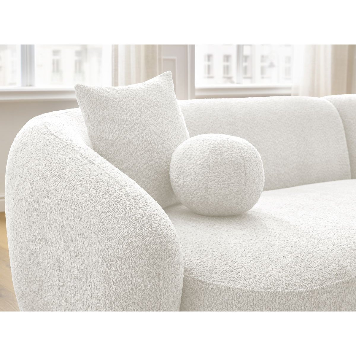 Canapé d'angle fixe 4 places en tissu bouclette avec pouf, ASHLEY blanc, BOBOCHIC