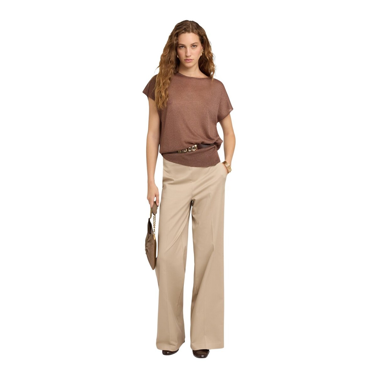 Pantalon palazzo à pli marqué beige, MOTIVI