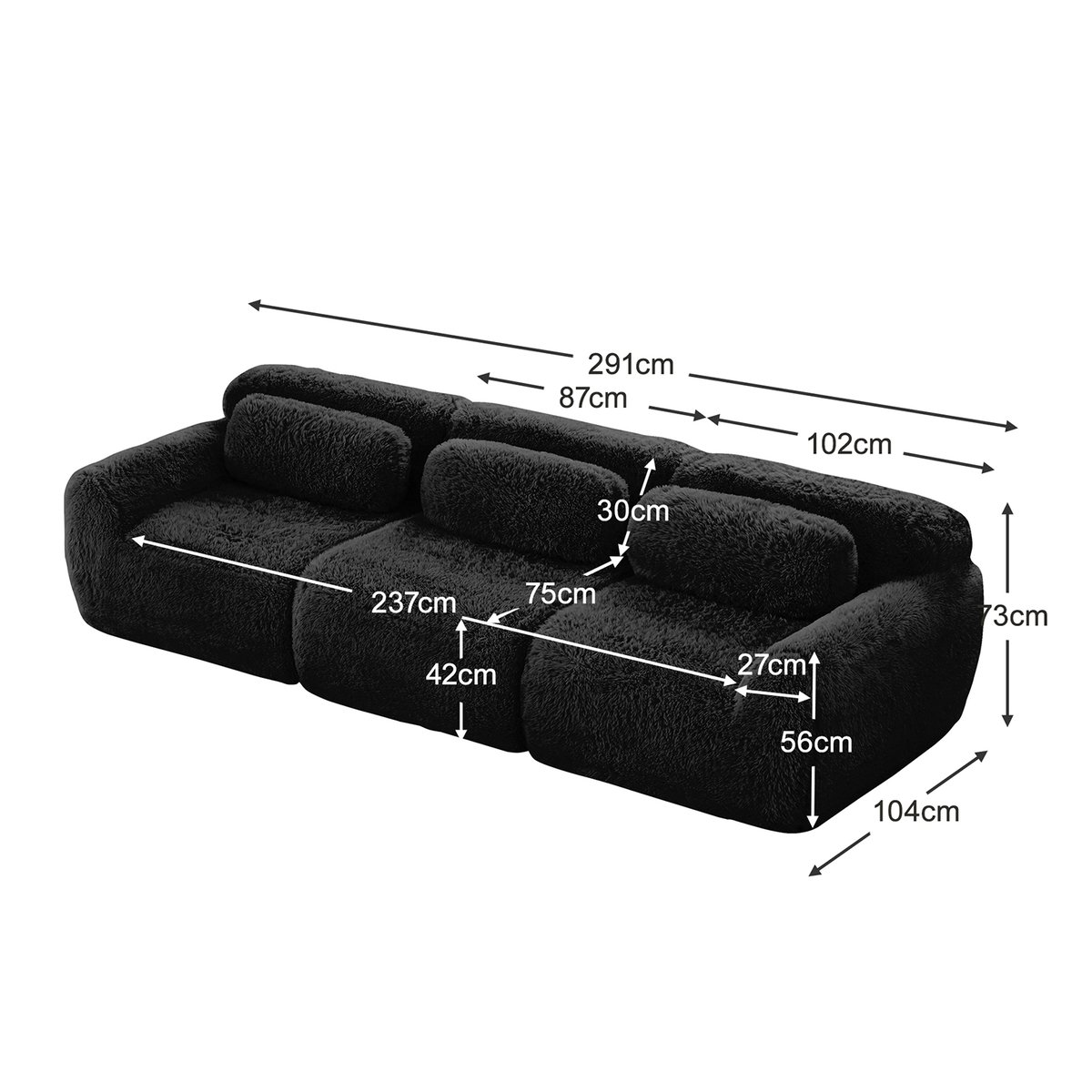 Canapé droit 3 places design moderne, WIND noir, MEUBLES COSY