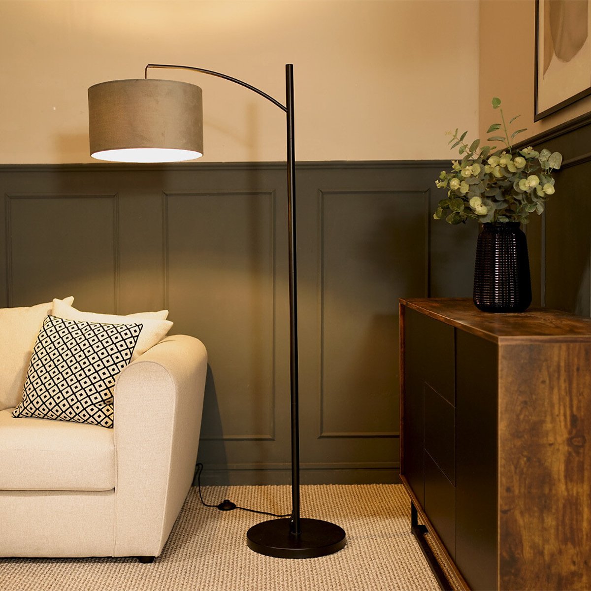 Portofino Black Metal Floor Lamp with Velvet Shade grey, SO'HOME