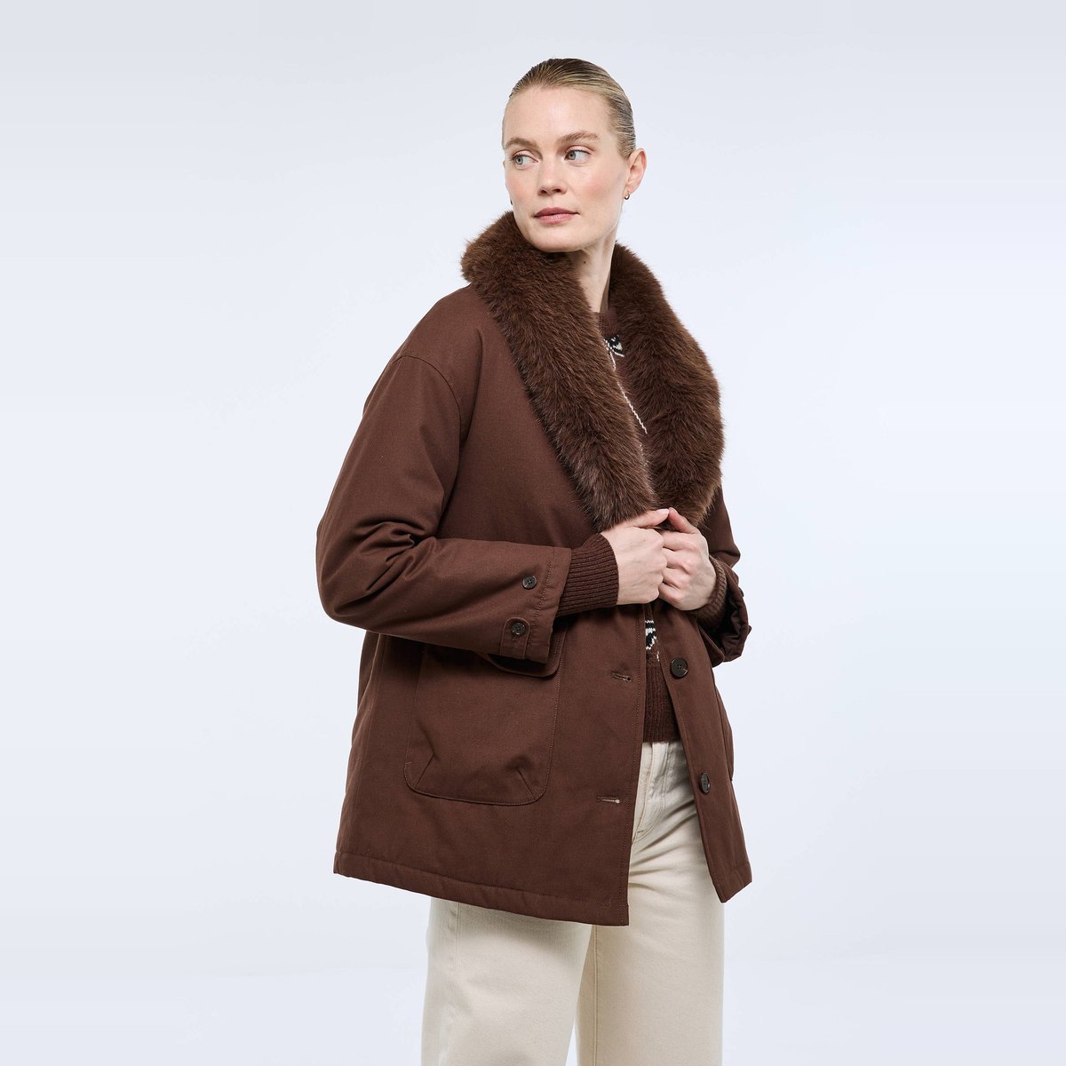 Manteau en coton avec col en imitation fourrure bison, MONOPRIX