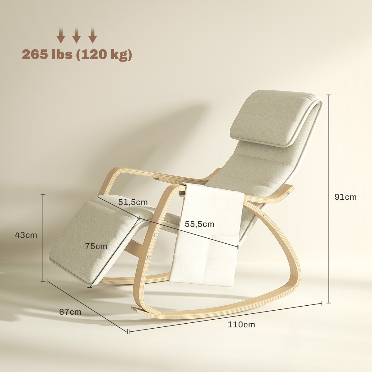 Fauteuil à bascule Lin Crème crème, HOMCOM