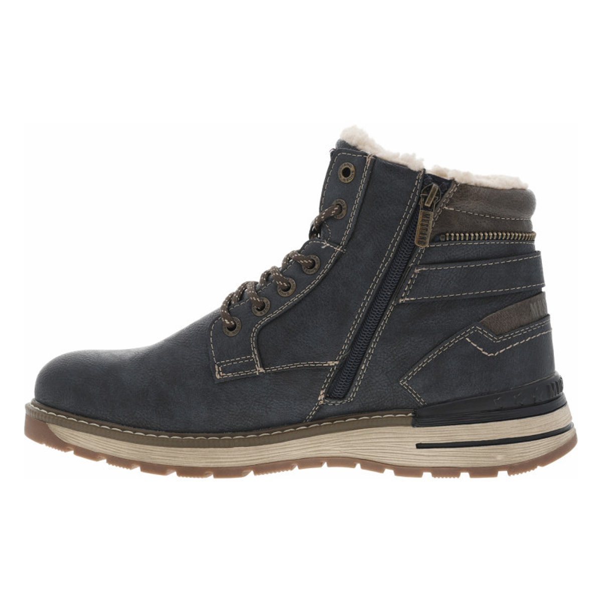 Bottines bleu marine à talon plat avec un zip et des lacets ronds bleu marine, MUSTANG