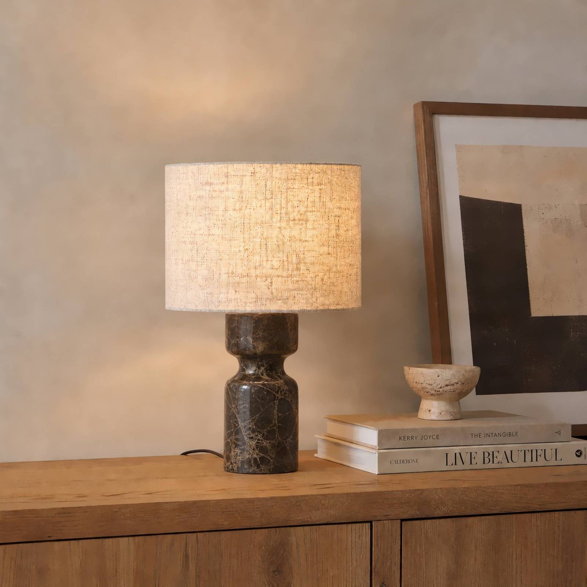 Lampe à poser en textile moderne, Marcella marron, crème, LUCANDE