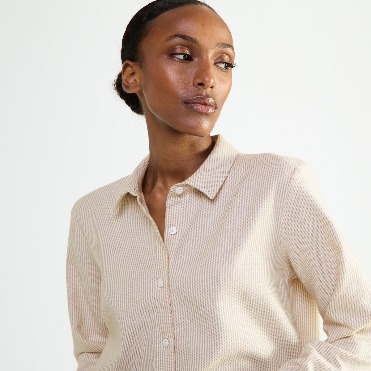 Pyjama col classique en flanelle de coton FLANELLE RAYÉE beige, LAURENCE TAVERNIER