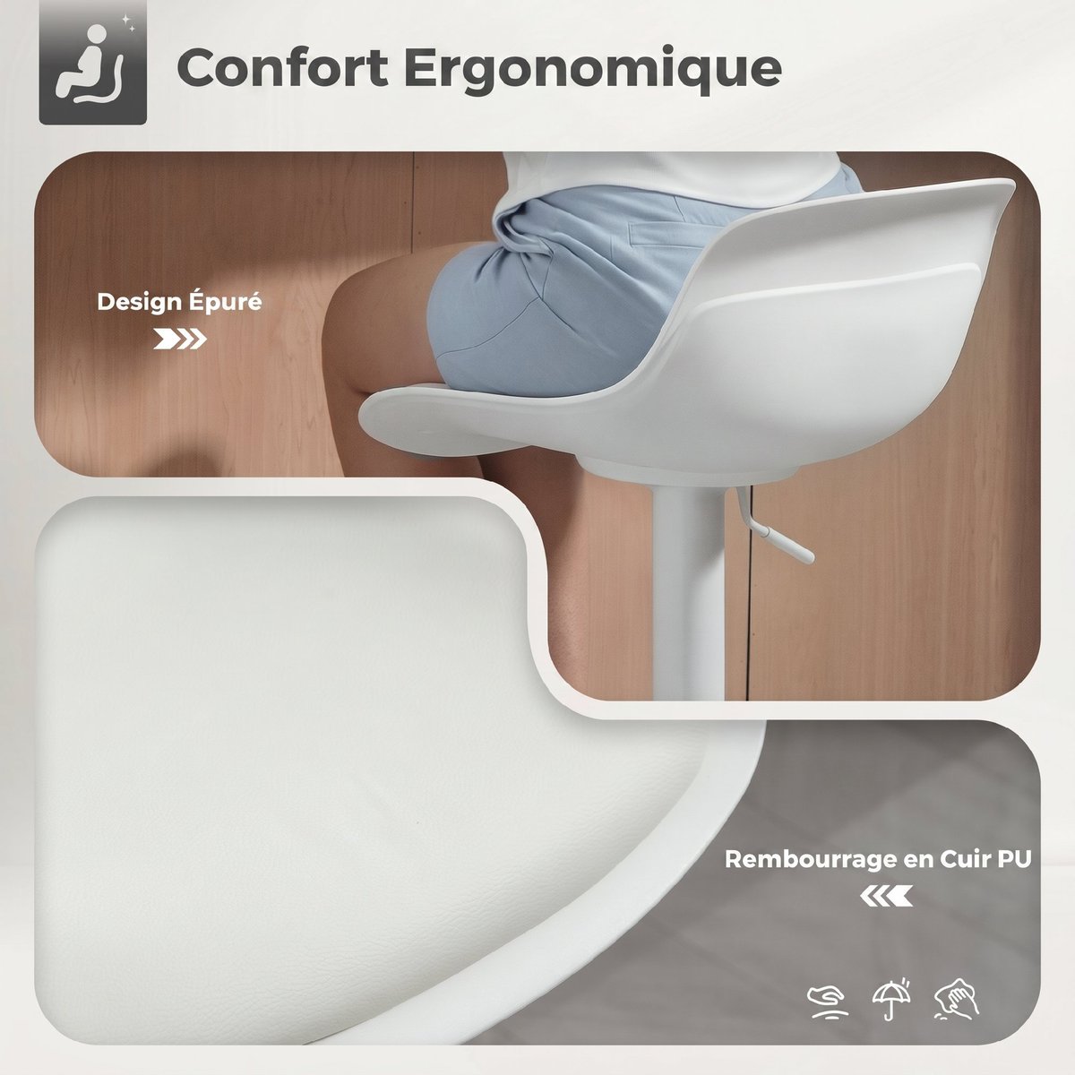 Tabouret de bar PU et acier Blanc blanc, HOMCOM