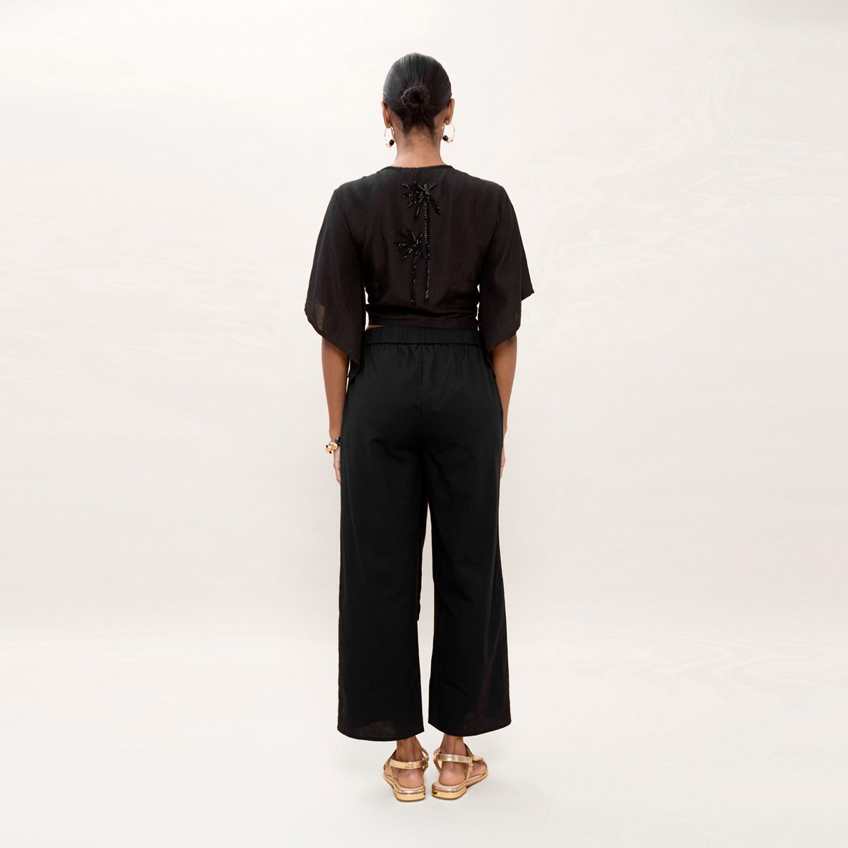 Pantalon fluide brodé taille élastiquée noir, LOLA CASADEMUNT