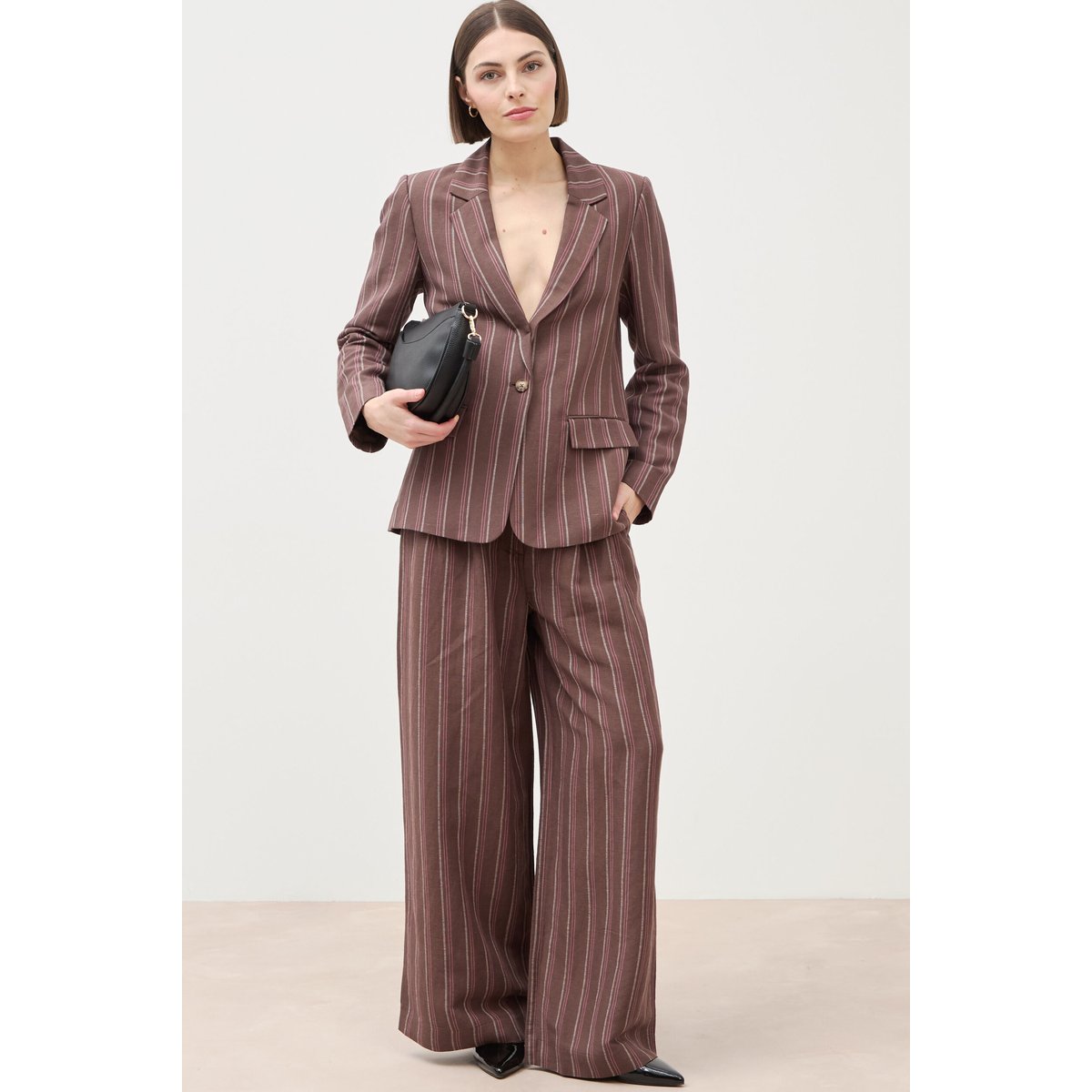 Pantalon large taille haute rayé marron chocolat, BONOBO