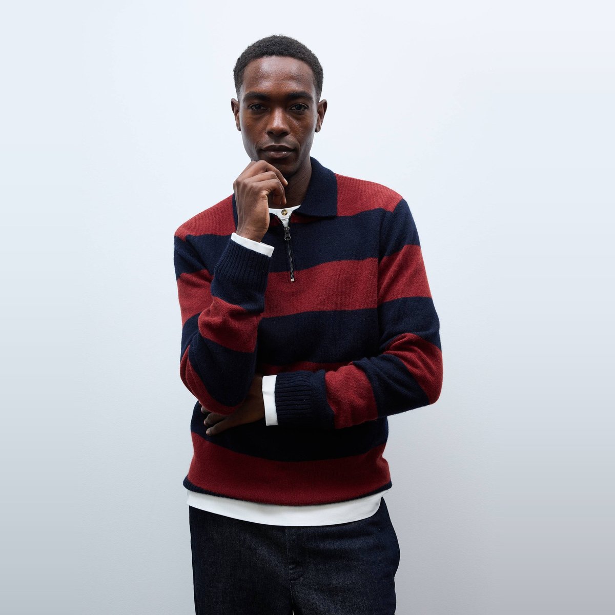 Pull en laine rayé col polo zippé marine, MONOPRIX
