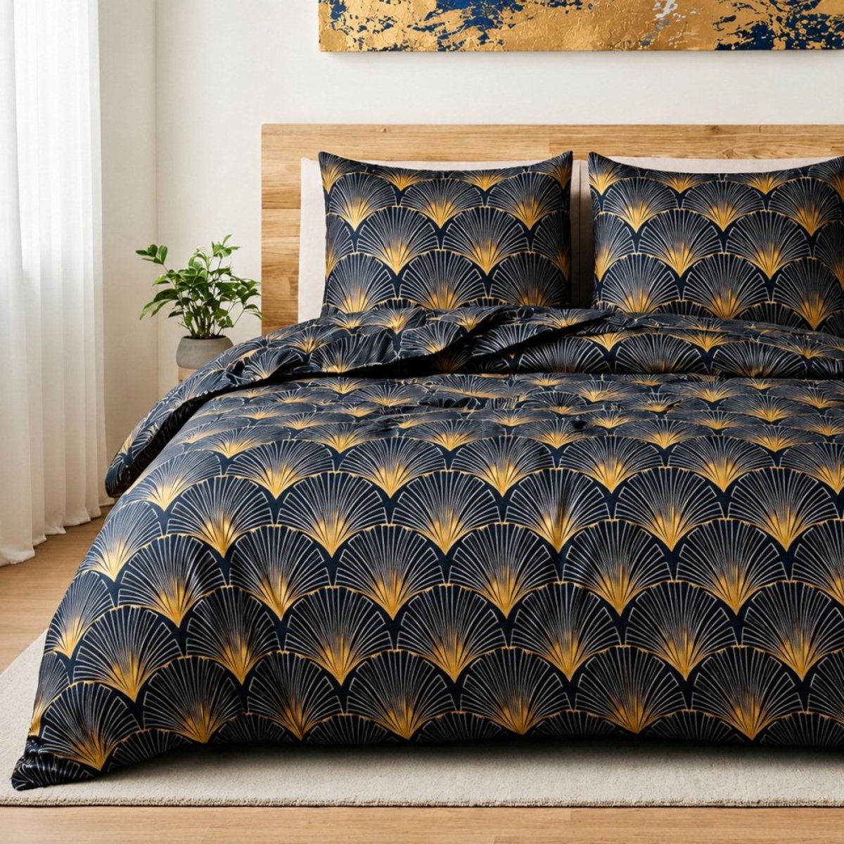 Housse de couette 2 personnes finition bouton + 2 taies 100% microfibre bleu, DECORATIE