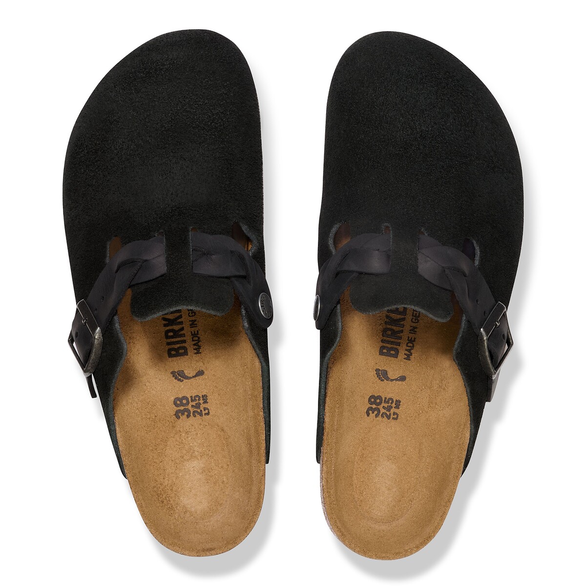 Sabots en cuir suédé BOSTON BRAIDED noir, BIRKENSTOCK