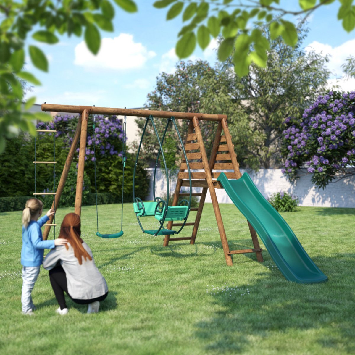 Portique en bois rond 3 agrès et toboggan LAVANDE marron, SOULET