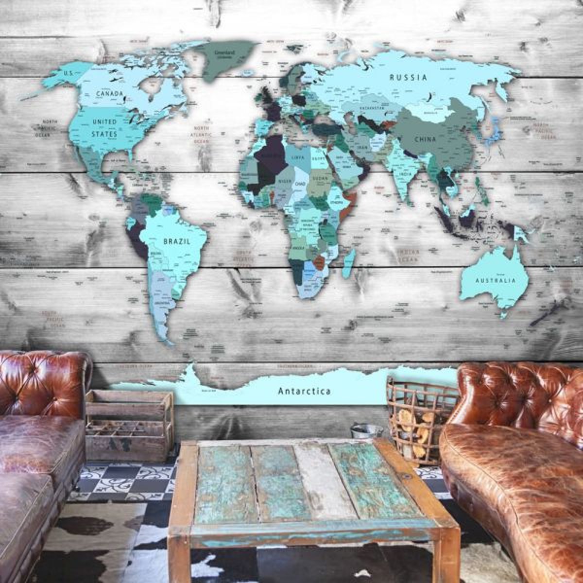 Papier peint intissé panoramique Carte du monde World Map: Blue Continents bleu, EDEN
