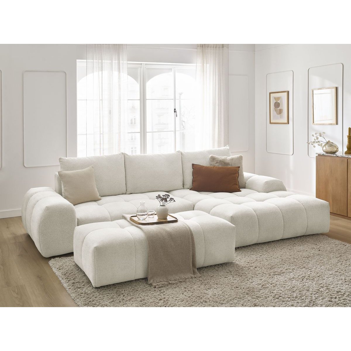Canapé d'angle convertible 4 places en tissu chiné avec pouf, EVEREST blanc, BOBOCHIC