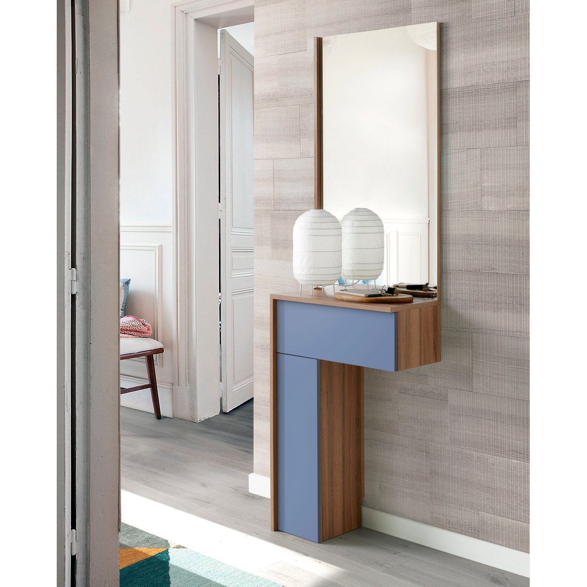 Ensemble console-miroir en placard, TETRIS noyer-bleu, HERDASA
