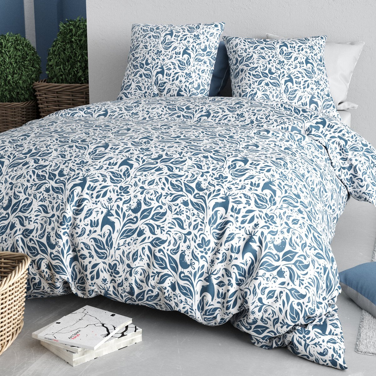 Paure coton imprimée couette et 2 taies, BLOUVA bleu, ATELIER DU COTON