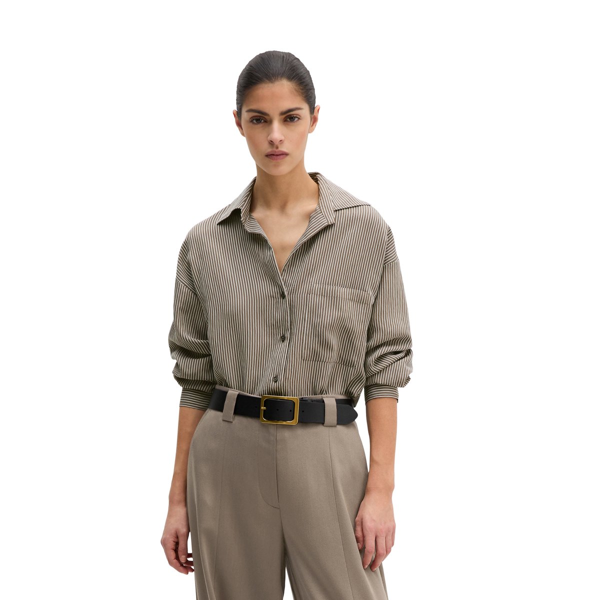 Blouse à rayures relaxed en mélange crinkle-viscose marron, MARC O'POLO