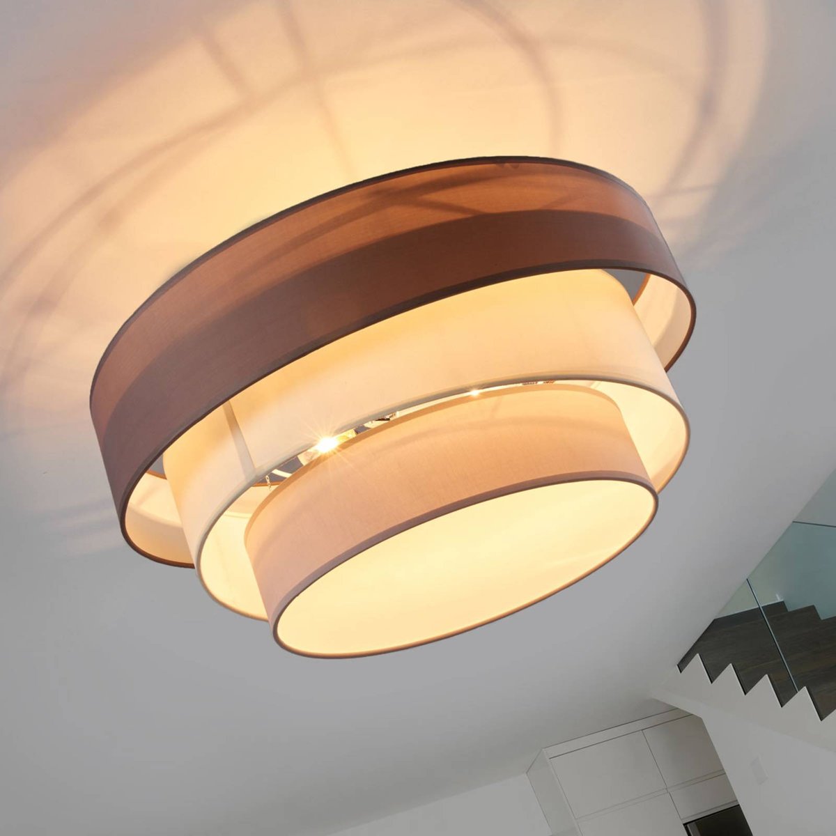 Plafonnier en textile moderne, Melia gris-brun, blanc, gris, chrome, LINDBY