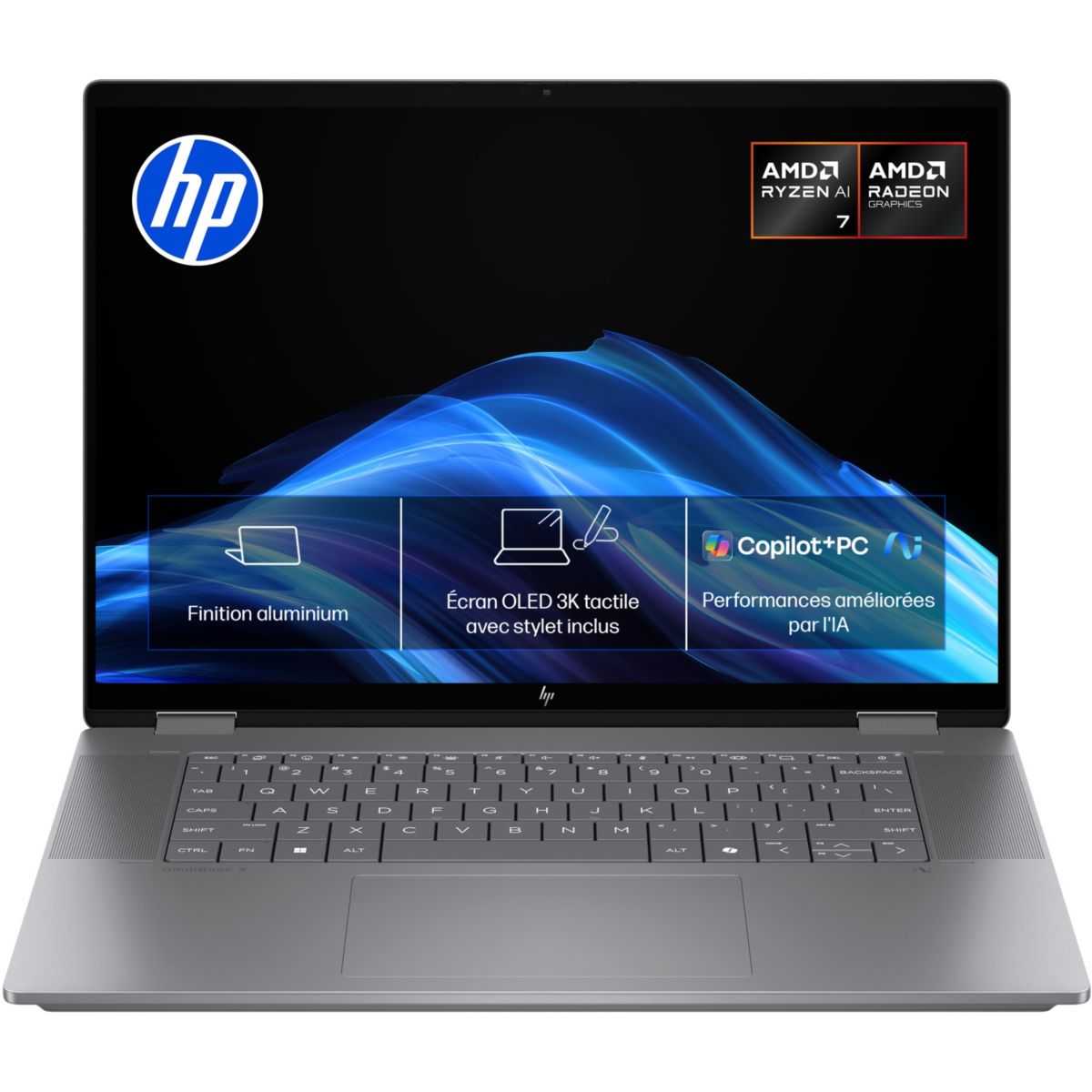 Ordinateur portable OmniBook X Flip ar0003nf 16 pouces OLED AMD Ryzen AI 7 350 24 Go RAM LPDDR5x SSD 512 Go Copilot+PC couleur unique, HP