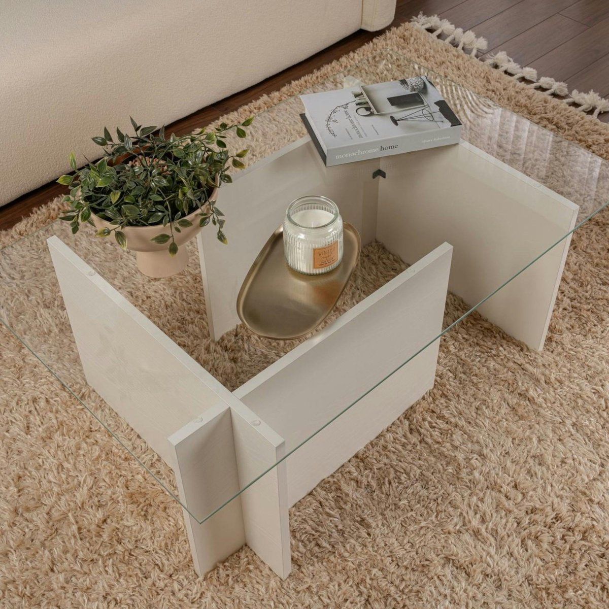 Table basse en verre, pied asymétrique SALTA blanc, PIER IMPORT