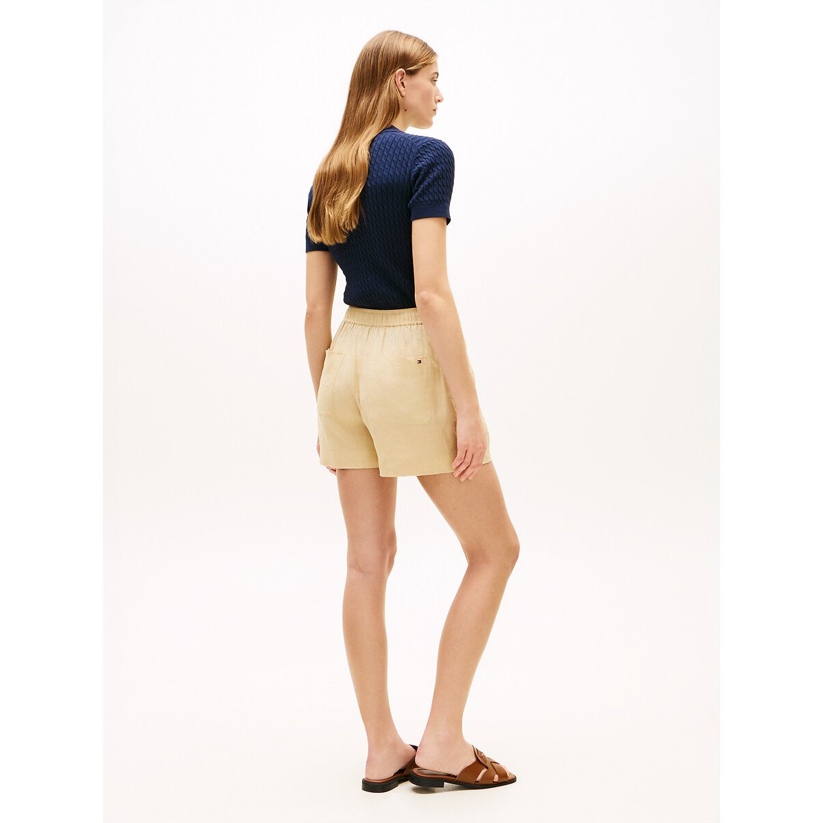 Short en lin à taille élastiquée beige, TOMMY HILFIGER